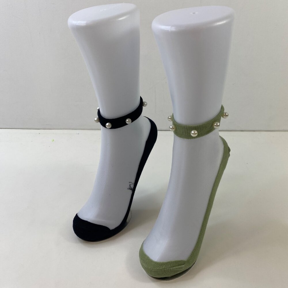 Womens Pearl-Trimmed Sheer Mesh Ankle Socks 2 Pack Black Green